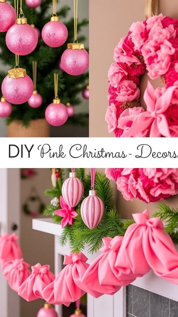A collection of DIY pink Christmas decorations including ornaments, a wreath, and a garland.